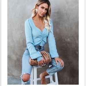 VICI Aimee Ruched Knit Crop Sweater Blue